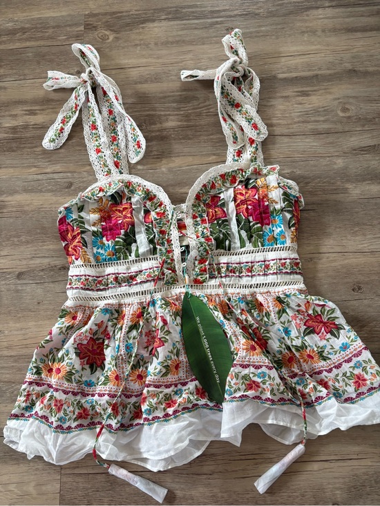 FARM Rio Tops - FARM Rio White Floral Tie-Shoulder Eyelet Crop Top